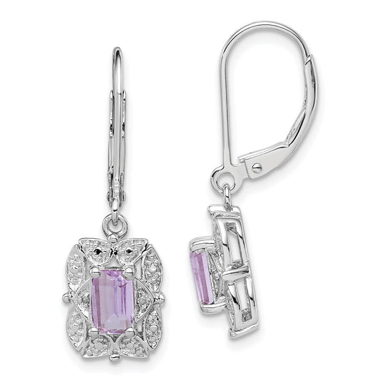 Rhodium-plated Sterling Silver Diamond and Pink Quartz Earrings