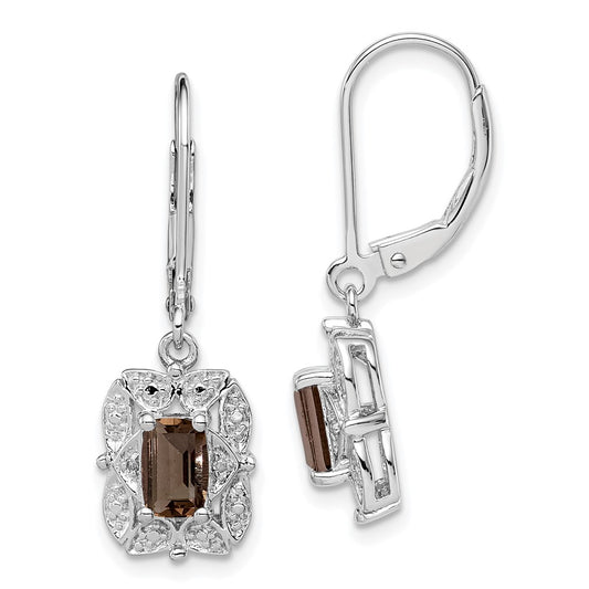 Rhodium-plated Sterling Silver Diamond and Smokey Quartz Earrings