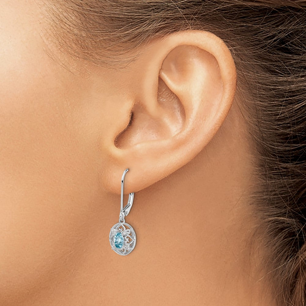 Rhodium-plated Sterling Silver Blue Topaz Diamond Earrings