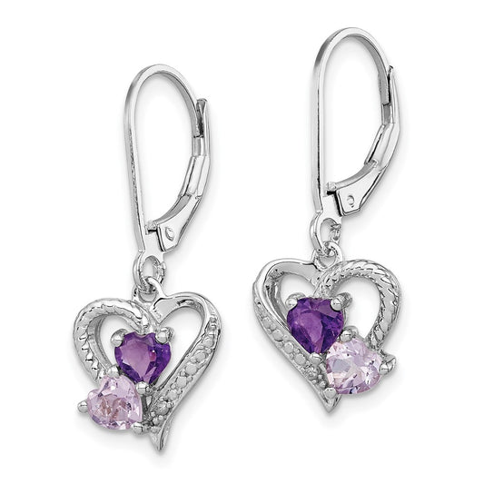 Rhodium-plated Sterling Silver Amethyst Pink Quartz and Diamond Heart Earrings