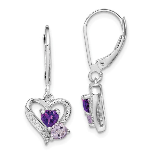 Rhodium-plated Sterling Silver Amethyst Pink Quartz and Diamond Heart Earrings