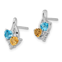 Rhodium-plated Sterling Silver Blue Topaz and Citrine Diamond Earrings