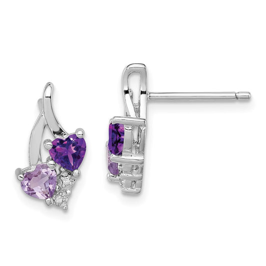 Rhodium-plated Sterling Silver Amethyst Pink Quartz and Diamond Earrings