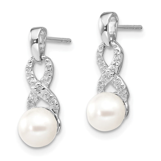 Rhodium-plated Sterling Silver Diamond and FWC Pearl Post Earrings