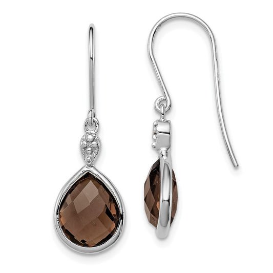 Rhodium-plated Sterling Silver Diamond and Smokey Quartz Dangle Earrings