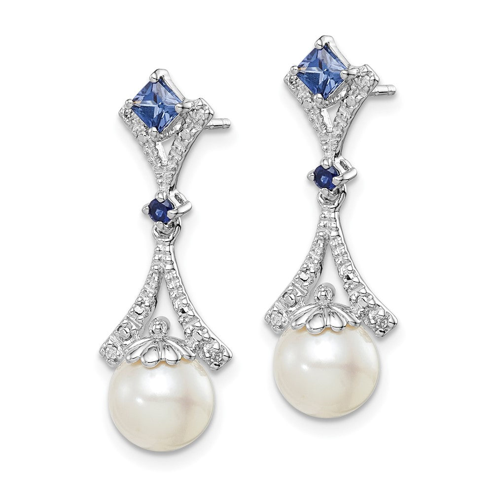 Rhodium-plated Sterling Silver Diamond FWC Pearl & Sapphire Earrings