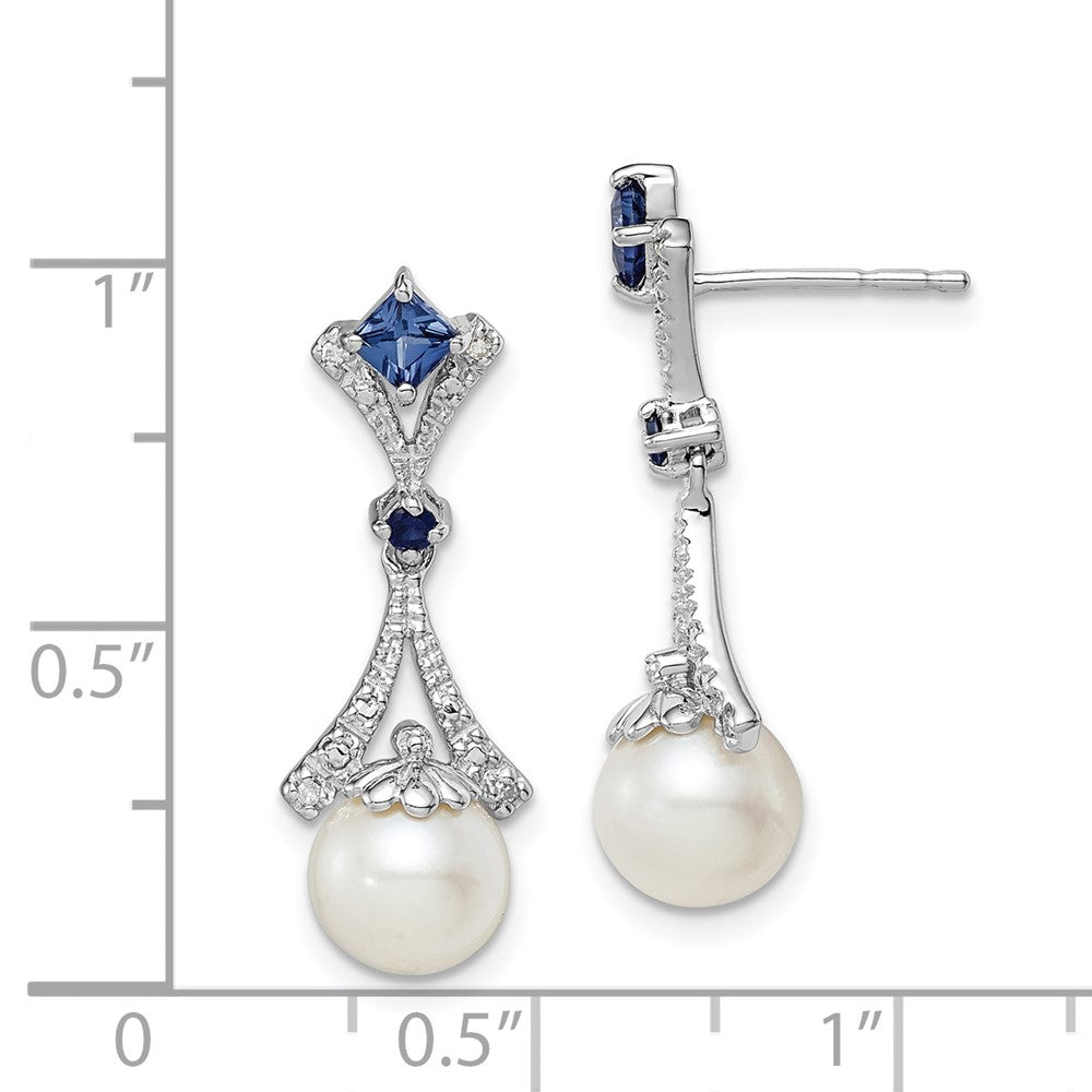 Rhodium-plated Sterling Silver Diamond FWC Pearl & Sapphire Earrings