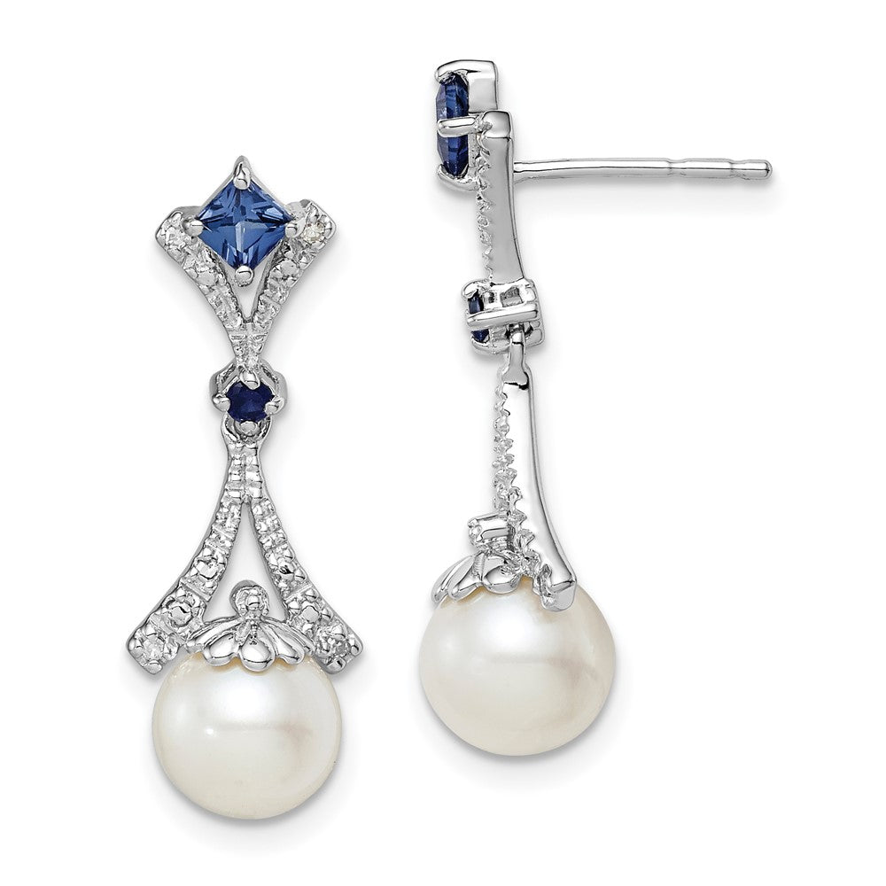 Rhodium-plated Sterling Silver Diamond FWC Pearl & Sapphire Earrings