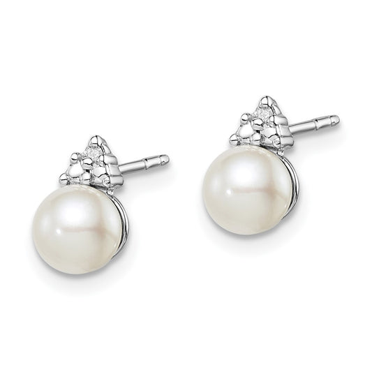 Rhodium-plated Sterling Silver Diamond and FWC Pearl Post Earrings