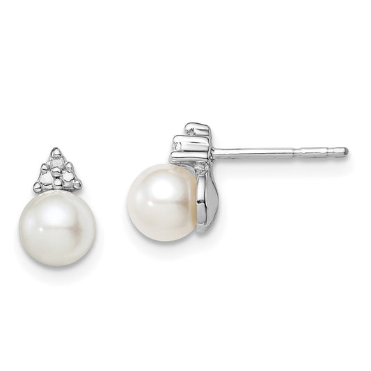 Rhodium-plated Sterling Silver Diamond and FWC Pearl Post Earrings