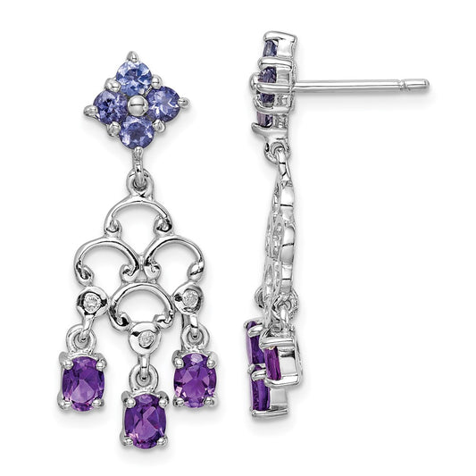 Rhodium-plated Sterling Silver Amethyst Iolite and Diamond Dangle Earrings