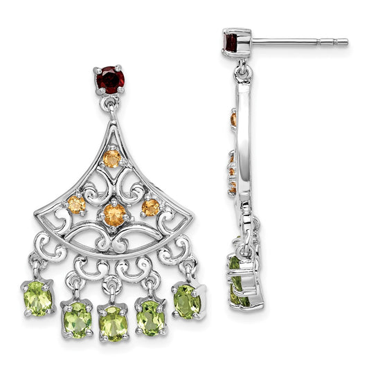 Rhodium-plated Sterling Silver Garnet Citrine and Peridot Dangle Earrings