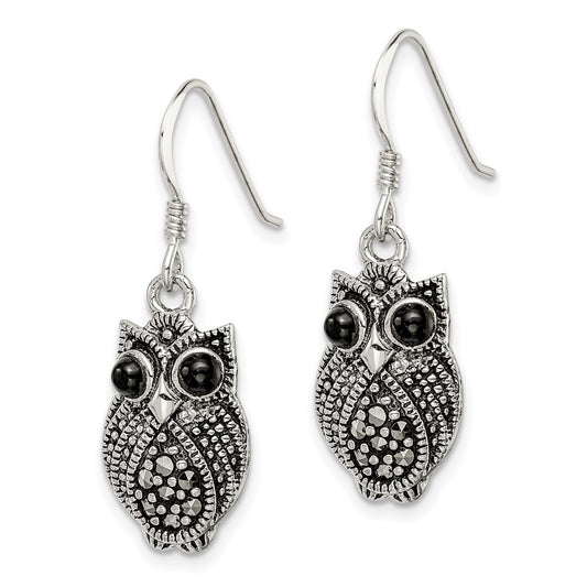 Sterling Silver Marcasite and Black Agate Owl Shepherd Hook Earrings