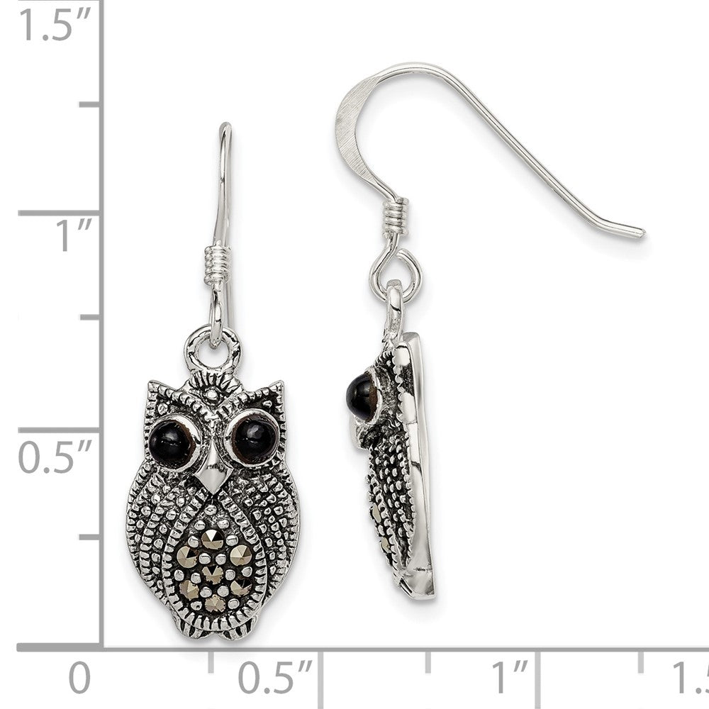 Sterling Silver Marcasite and Black Agate Owl Shepherd Hook Earrings