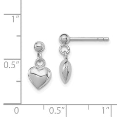 Rhodium-plated Sterling Silver Child's Polished Heart Post Dangle Earrings