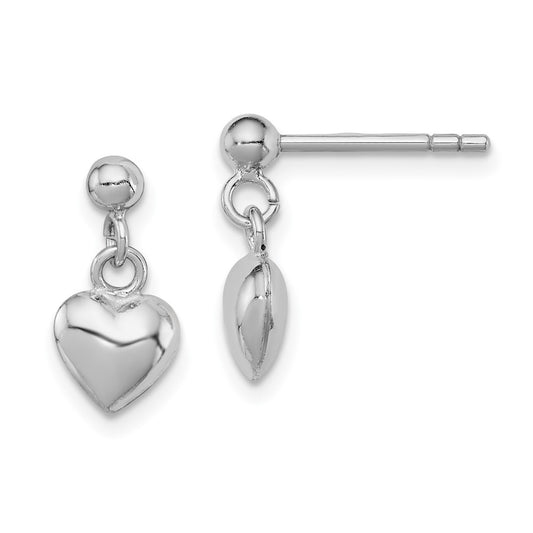 Rhodium-plated Sterling Silver Child's Polished Heart Post Dangle Earrings