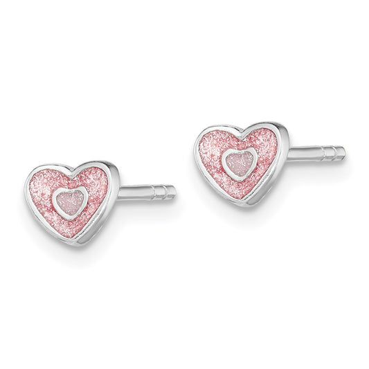 Rhodium-plated Sterling Silver Child's Pink Glittered Enamel Heart Earrings