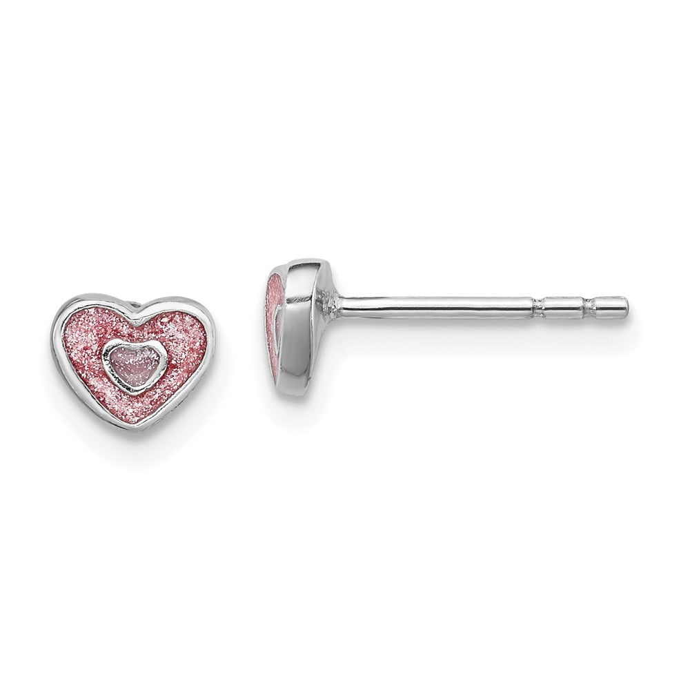 Rhodium-plated Sterling Silver Child's Pink Glittered Enamel Heart Earrings