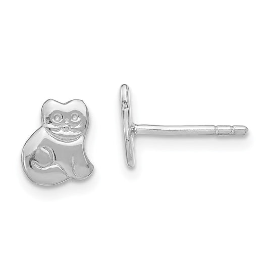 Rhodium-plated Sterling Silver Child's Polished Kitty Cat Post Earrings