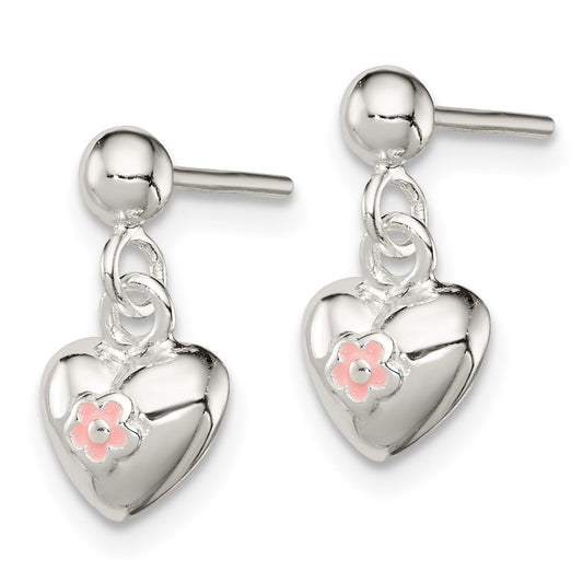 Sterling Silver Pink Enamel Kid's Heart Dangle Earrings