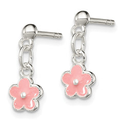 Sterling Silver Pink Enamel Kid's Flower Dangle Earrings