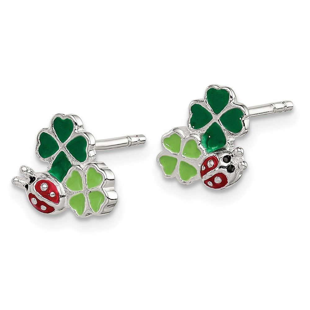 Sterling Silver Enamel Ladybug and Clovers Kid's Post Earrings