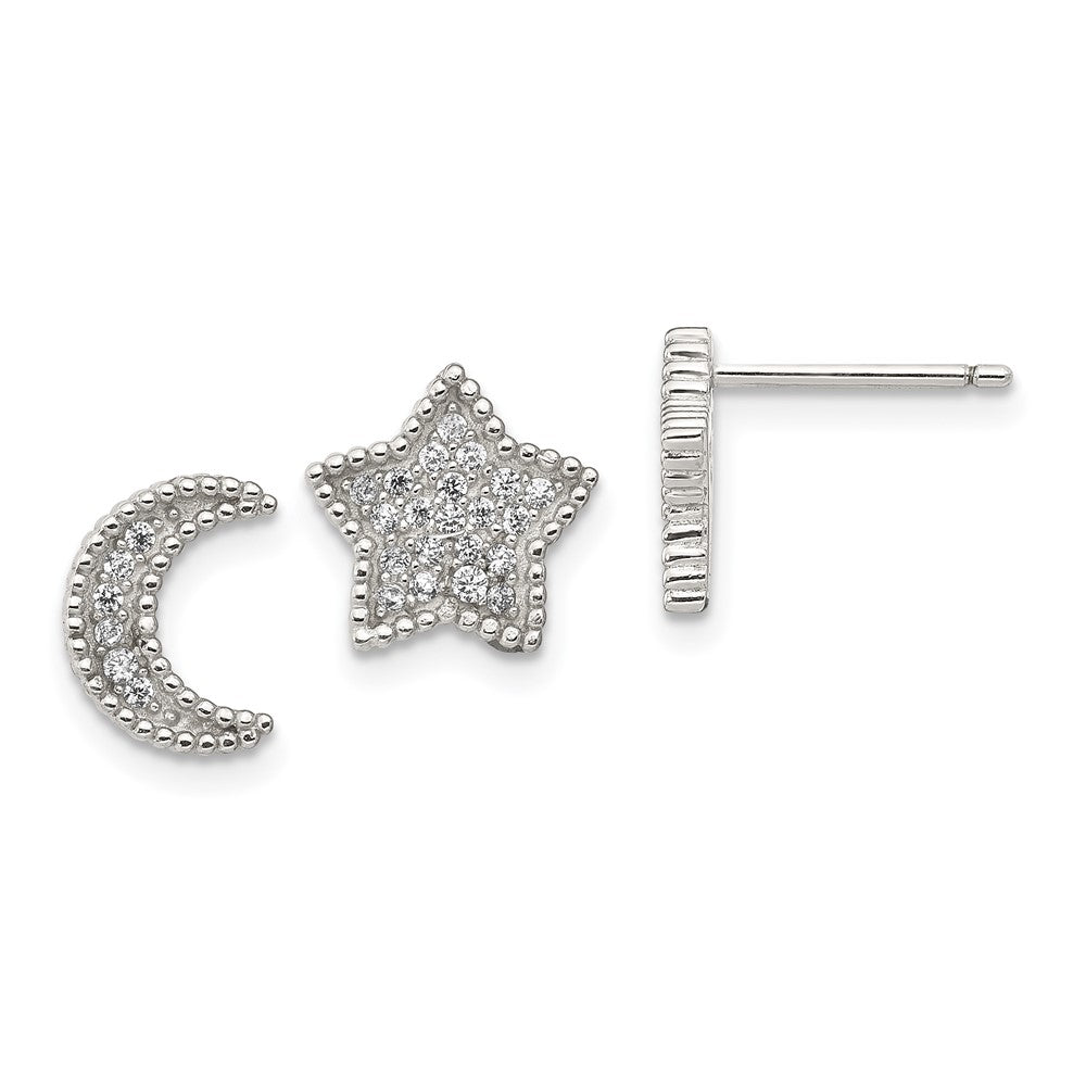 Sterling Silver Polished CZ Moon and Star Post Earrings