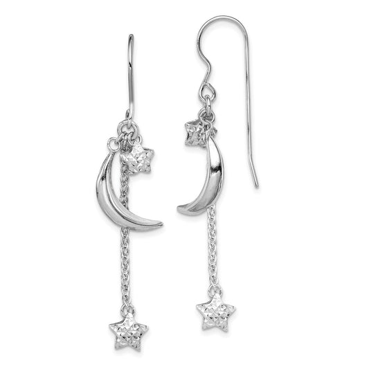Rhodium-plated Sterling Silver Diamond-cut Puffed Star and Moon Earrings