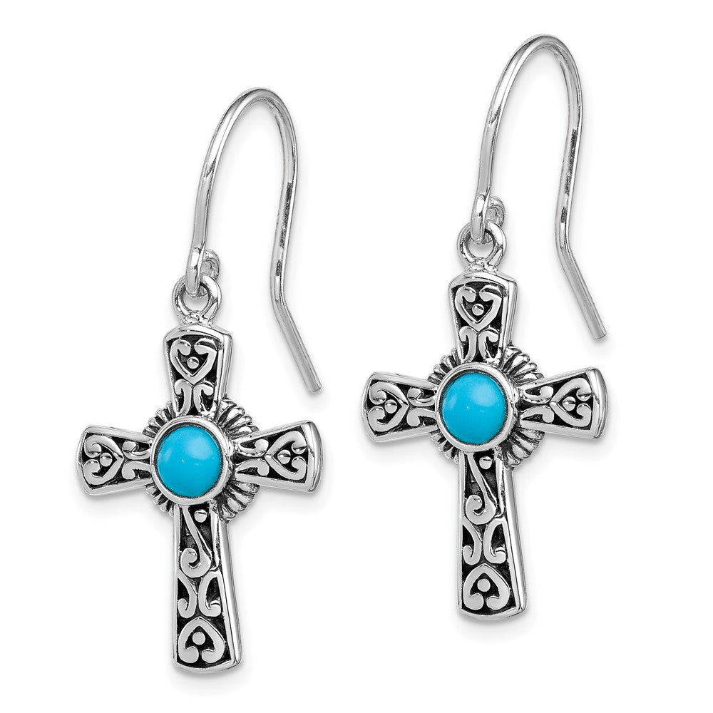 Sterling Silver Antiqued Reconstructed Turquoise Cross Shepherd Hook Earrings