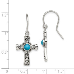 Sterling Silver Antiqued Reconstructed Turquoise Cross Shepherd Hook Earrings