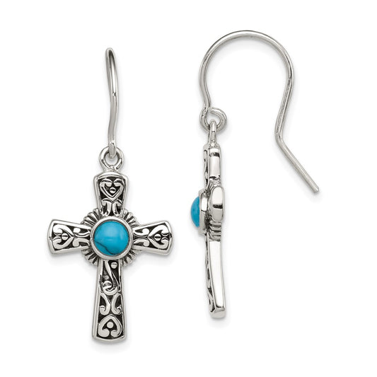 Sterling Silver Antiqued Reconstructed Turquoise Cross Shepherd Hook Earrings