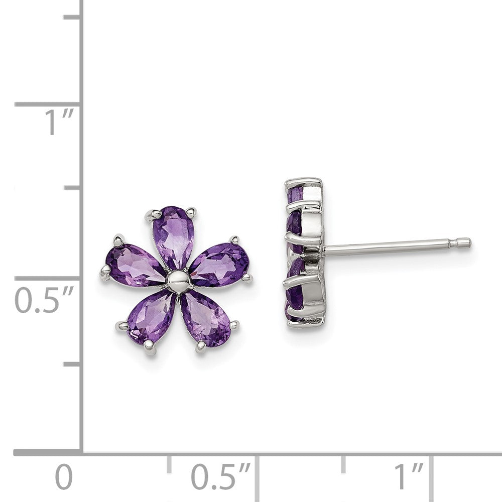 Rhodium-plated Sterling Silver Amethyst Floral Post Earrings