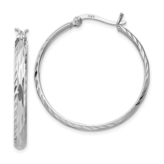 Rhodium-plated Sterling Silver 2.5mm Textured Round Hoop Earrings