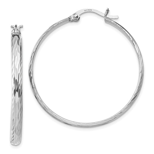 Rhodium-plated Sterling Silver 2.5mm Textured Round Hoop Earrings