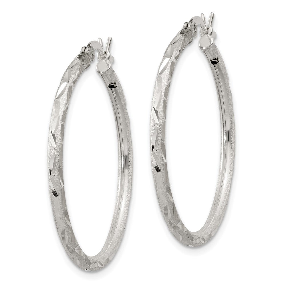 Sterling Silver Satin Diamond-cut 2x230mm Hoop Earrings