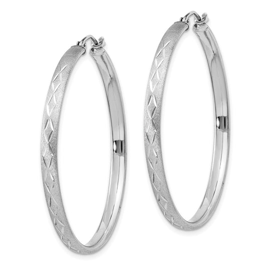 Rhodium-plated Sterling Silver 3mm Satin Diamond-cut Hoop Earrings