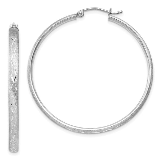 Rhodium-plated Sterling Silver 3mm Satin Diamond-cut Hoop Earrings