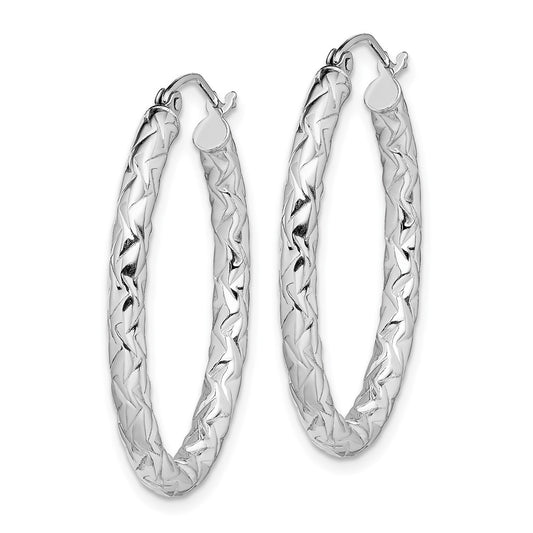 Rhodium-plated Silver Diamond-cut Textured 3mm Oval Hoop Earrings