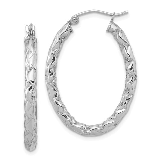 Rhodium-plated Silver Diamond-cut Textured 3mm Oval Hoop Earrings