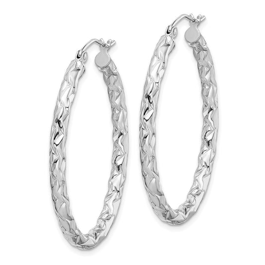 Rhodium-plated Silver Diamond-cut Textured 3mm Oval Hoop Earrings