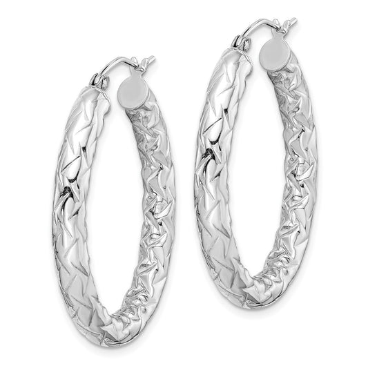 Rhodium-plated Silver Diamond-cut Textured 4mm Oval Hoop Earrings