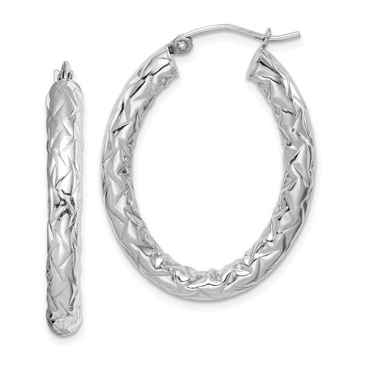 Rhodium-plated Silver Diamond-cut Textured 4mm Oval Hoop Earrings