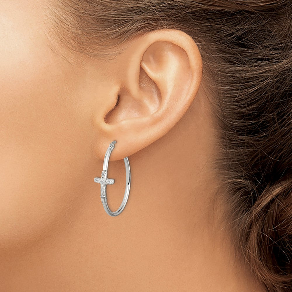 Sterling Silver Polished CZ Fancy Cross Hinged Hoop Earrings