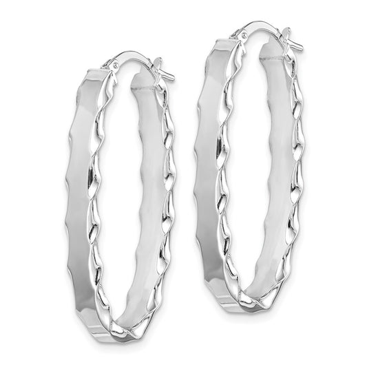 Rhodium-plated Silver Oval Scalloped Edge 5mm Hoop Earrings