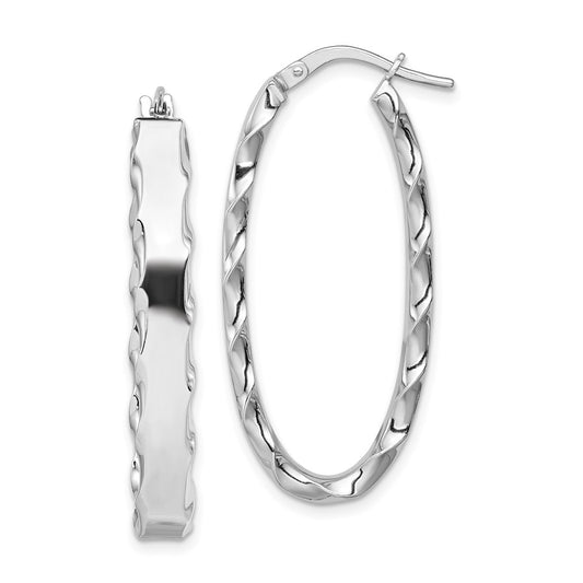 Rhodium-plated Silver Oval Scalloped Edge 5mm Hoop Earrings