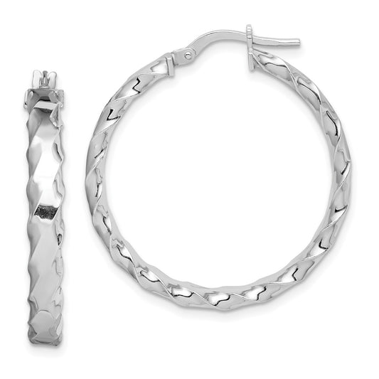 Rhodium-plated Silver Scalloped Edge 4mm Hoop Earrings