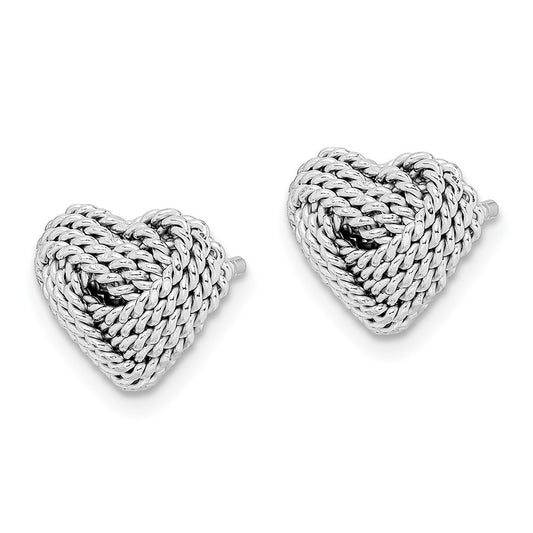 Rhodium-plated Sterling Silver Small Twisted Love Knot Heart Post Earrings