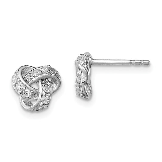 Rhodium-plated Sterling Silver Polished CZ Love Knot Post Earrings