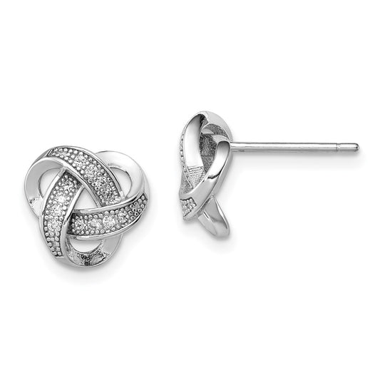 Rhodium-plated Sterling Silver CZ Micropave Love Knot Post Earrings