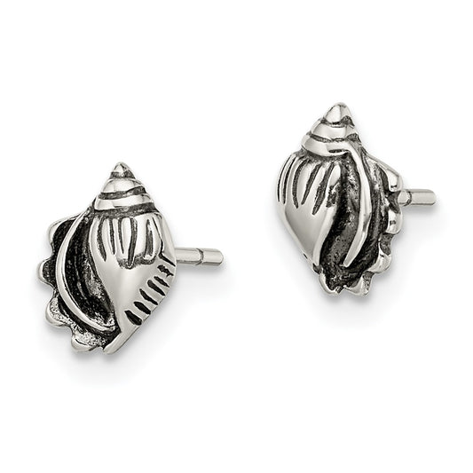 Sterling Silver Polished and Antiqued Sea Shell Post Earrings